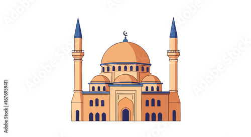A Cartoon Style Mosque Design Featuring Domes Minarets and Islamic Symbols on White Backdrop