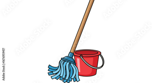 Cartoon-styled cleaning equipment illustration, featuring a mop with a bucket isolated on a plain background offering simplicity 150 character