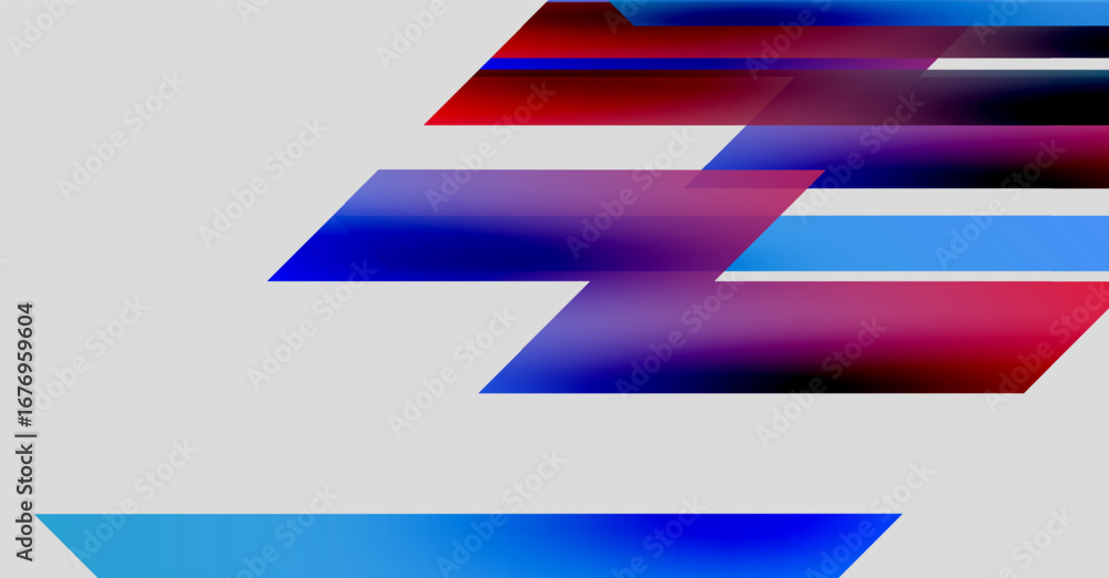 Fototapeta premium Abstract design features vibrant overlapping stripes. Colors include red, blue, purple against light gray background. Modern aesthetic.