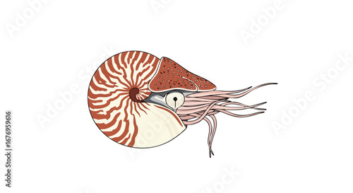 Chambered Nautilus Illustration with Intricate Shell Pattern and Cephalopod Features Depicted Against a White Backdrop