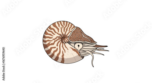 Nautilus marine creature illustration, with a swirling striped shell design against clean backdrop