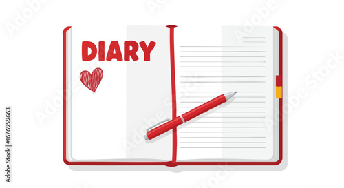 Open diary with red pen and heart symbol evokes personal reflection and writing memories of special events
