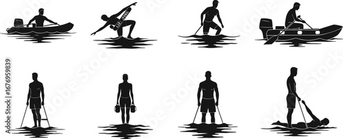 Outdoor water activities, kayaking, paddleboarding, wakeboarding, rowing boat, fitness training, water sports, summer adventure, active lifestyle, water exercise