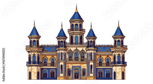 Whimsical watercolor illustration of a majestic castle with intricate architectural details and blue-capped turrets against a clean white backdrop
