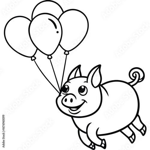 Cartoon Pig Flying with Balloons Black and White Coloring Page Illustration
