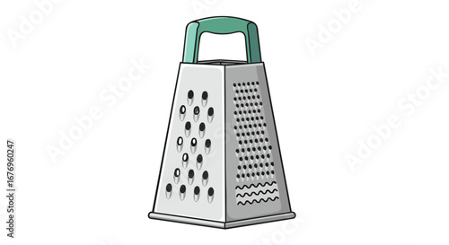 Illustration of a versatile metal box grater with four different grating surfaces and a green handle depicting kitchenware for food preparation