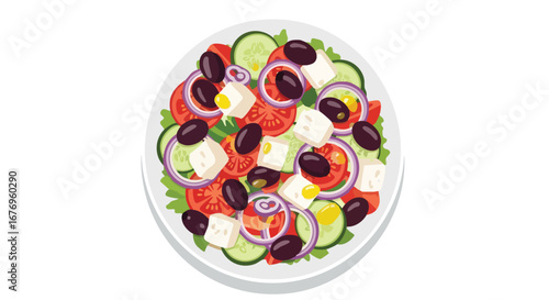 Delicious Greek Salad Illustration with Fresh Vegetables and Feta Cheese on White Background visual harmony