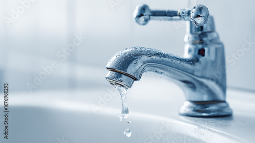 Close-up chrome faucet dripping water onto white porcelain sink illustrating urgent leak repair and plumbing issue