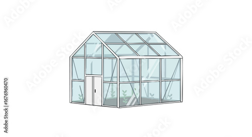 Minimalist greenhouse illustration on a clean white backdrop exhibiting precise lines and architectural clarity cultivating a tranquil indoor garden