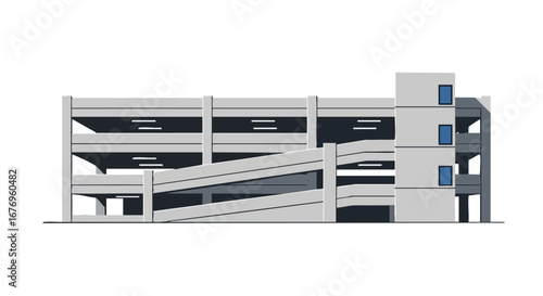 Urban parking architecture illustration showcasing multilayered ramps and structural design against a clean white backdrop