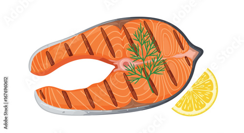 Delicious Grilled Salmon Steak Served with Fresh Dill and Lemon Wedge, Enhancing Culinary Presentation and Visual Appeal for Food Enthusiasts