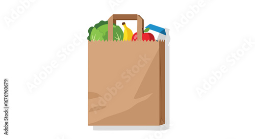Illustrated Grocery Bag Full of Healthy Produce and Dairy Products on a White Background for Online Grocery Store Promotions