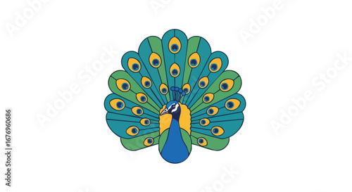 Exotic Peacock Illustration with Vibrant Plumage, Isolated on Clean White Canvas to Showcase Artistic Elegance, Simplicity and Graceful Detail