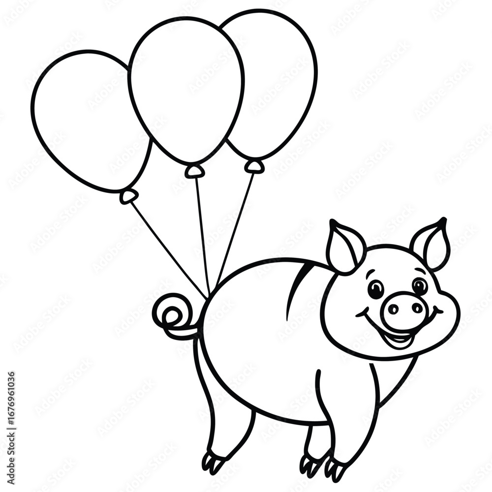 Fototapeta premium Outlined Cartoon Piglet Holding Balloons with a Smiling Face for Coloring Pages