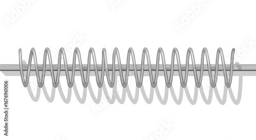 Shiny elongated metal coil on a support, casting crisp shadows on a clean white backdrop, showcasing industrial design elegance with its rhythmic