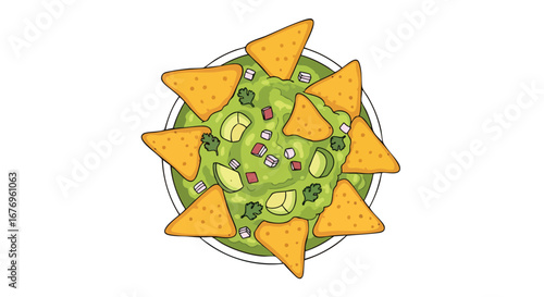 Irresistible Guacamole Delight with Crispy Tortilla Chips Presentation Appetizing Culinary Experience and Vibrant Green Dip Illustration
