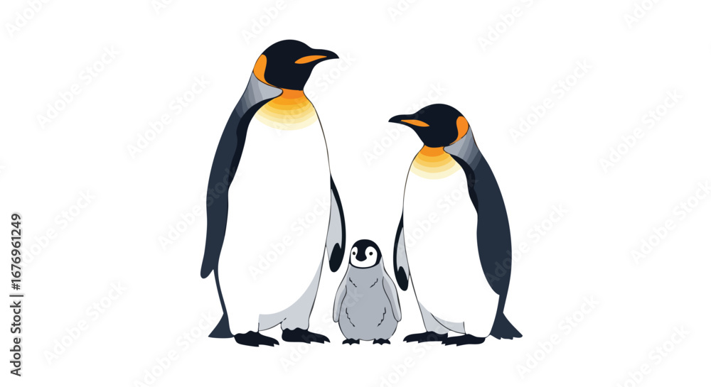 Obraz premium Emperor penguin family portrait on a white backdrop, showing parental love and protection in antarctica illustration 2d style