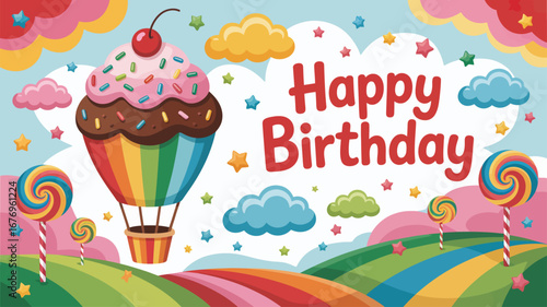 Whimsical Hot Air Balloon Cupcake Happy Birthday Greeting Card celebration lollipop