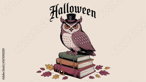 Wise owl in a top hat perched on books with autumn leaves for Halloween bird knowledge