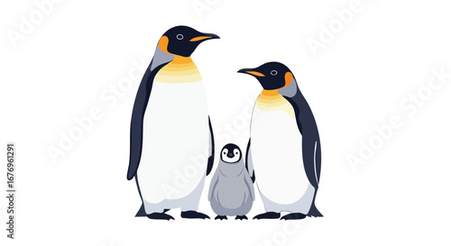 A charming illustration of a penguin family featuring two adult penguins and their adorable baby penguin on white isolated background