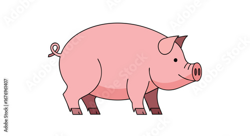 Delightful cartoon illustration of a cheerful pink pig standing against a pristine white background showcasing its cute and endearing features