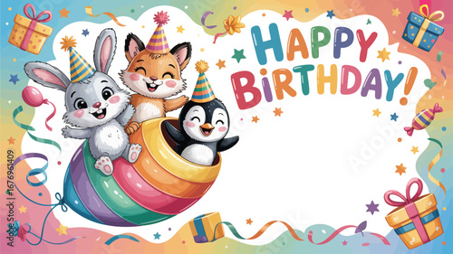 Adorable bunny fox and penguin in a rainbow egg for Happy Birthday celebration party