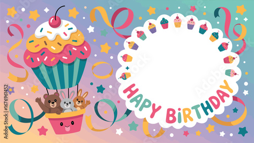 Animals in a cupcake hot air balloon with happy birthday message and ribbons celebration
