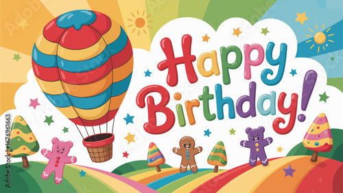 Colorful hot air balloon with gingerbread men and candy trees birthday scene celebration