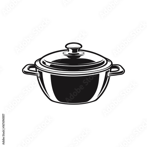 Vintage Cookware Illustration: A classic representation of a pot, complete with a lid and handles, in a sleek black-and-white graphic style