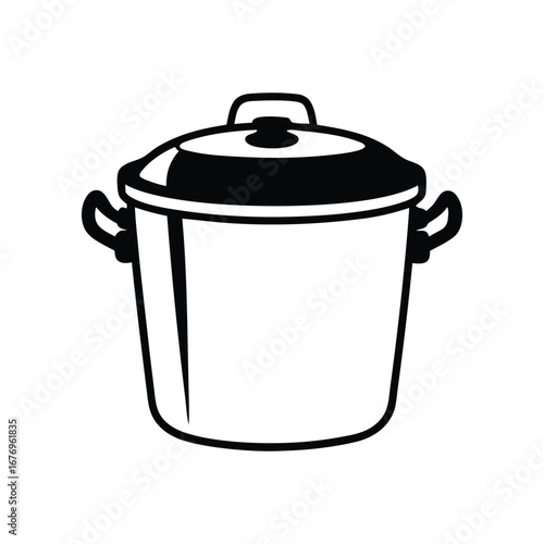Simple Cooking Pot Icon: A clean and minimalist black and white vector illustration of a classic cooking pot with lid, ideal for culinary concepts and kitchen-related designs.
