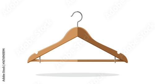 Depiction of a classic wooden hanger, gracefully poised against a stark white background ready to organize apparel with its simple design aesthetic