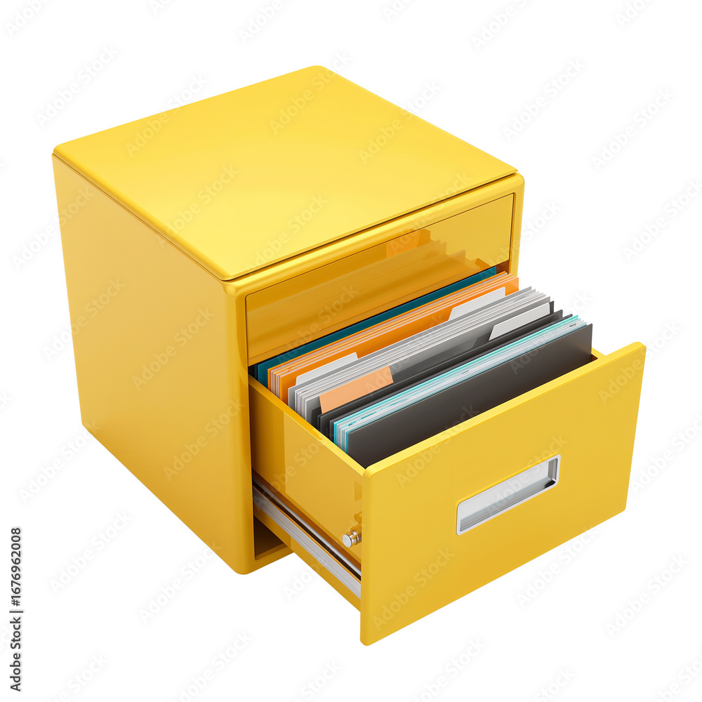 Illuminated butterscotch filing cabinet containing diverse labeled documents organization