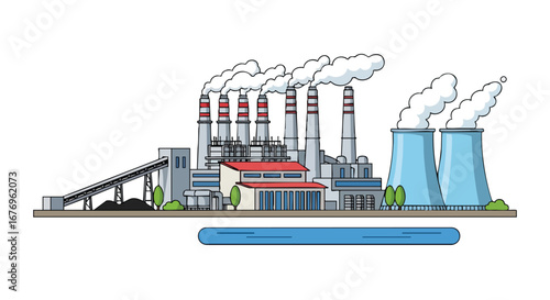 Stylized illustration of a power plant emitting smoke, situated along a body of water, showcasing industrial activity and energy production
