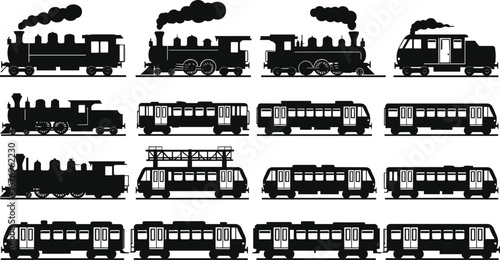 Set of vintage steam trains and modern subway trains, black silhouette vector icons collection, ideal for transport, railway, metro themes.