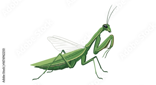 Detailed vector illustration depicting a praying mantis against a pristine white backdrop insect predator wildlife
