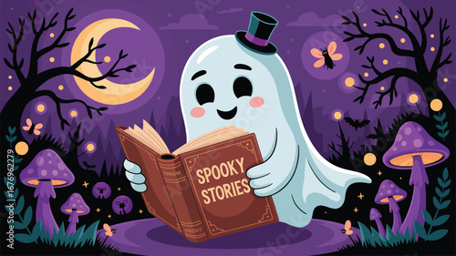 Friendly ghost reading spooky stories under a crescent moon in a magical forest halloween