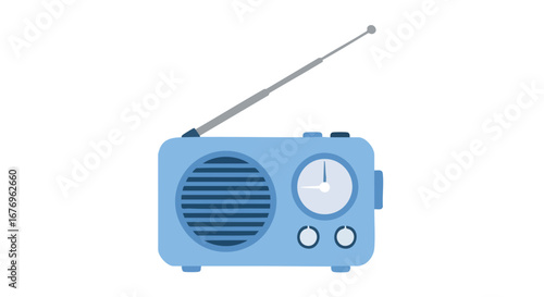 Vintage-inspired illustration of a baby blue radio receiver, with an extending antenna and a simplified circular speaker grill design and clock