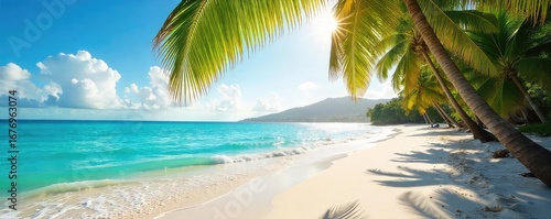 Soft sunlight filters through palm leaves onto a white sand beach, gentle waves lapping the shore Tranquil scene evokes a sense of peace and relaxation, quintessential Hawaiian paradise , blue, waves
