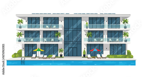 Luxurious modern apartment complex with a stunning swimming pool providing an exotic vacation getaway and relaxation ambience