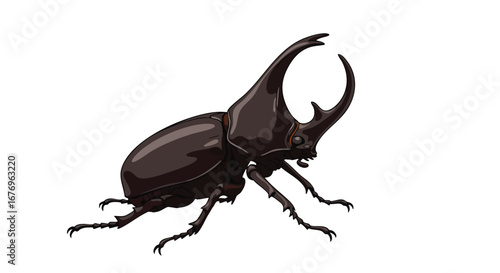 Vector illustration of a rhinoceros beetle with prominent horn on an isolated white backdrop, highlighting its unique shape and texture