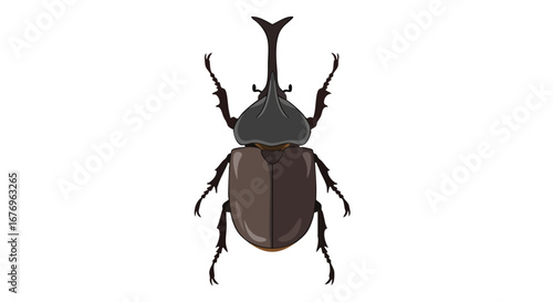 Stylized rhinoceros beetle with prominent horn and sleek carapace design isolated on a stark white backdrop rendering a clean professional aesthetic