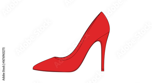 Scarlet Stiletto: A minimalist line art representation of a classic red high heel shoe on a pristine white backdrop, conveying elegance and style