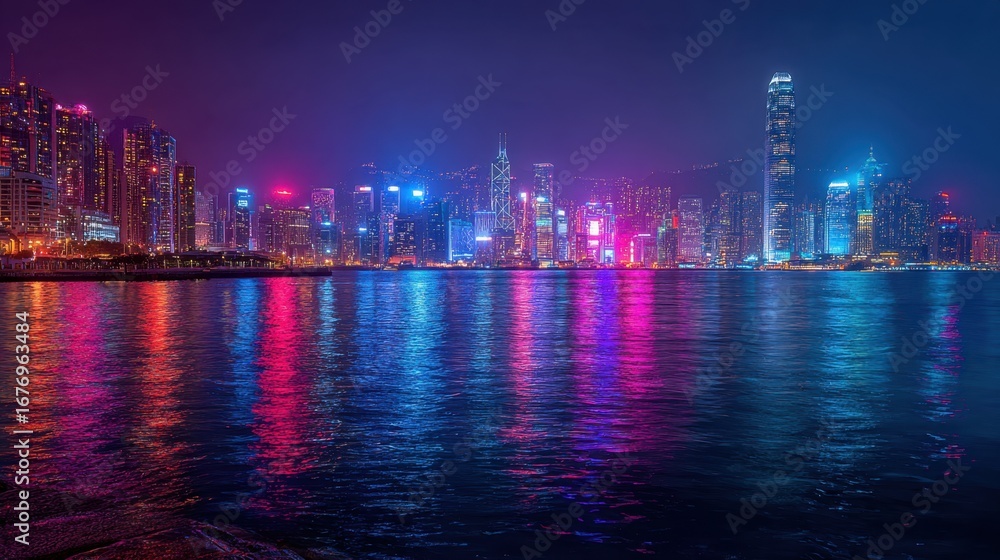 Fototapeta premium Vibrant city skyline at night illuminated with colorful lights reflecting on calm water
