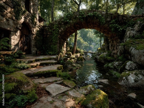 Stone bridge over mossy stream, secluded village