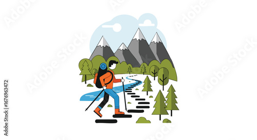 Illustrative Journey: Flat Design Hiker Traversing Scenic Mountain Terrain with Backpack and Hiking Poles amidst Evergreen Trees and Azure Stream