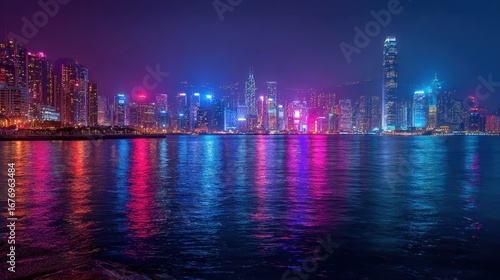 Wallpaper Mural Vibrant city skyline at night illuminated with colorful lights reflecting on calm water Torontodigital.ca