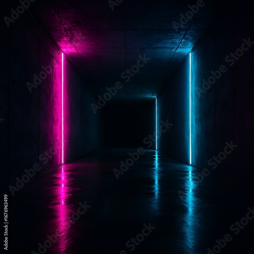 Dark Futuristic Corridor Illuminated by Contrasting Neon Lights Creating a Hypnotic Atmosphere