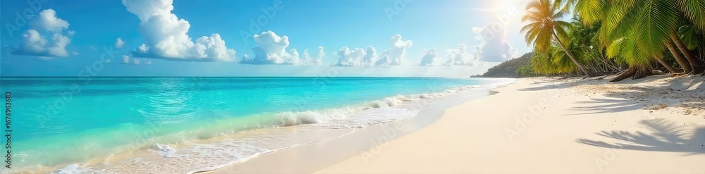 Obraz premium Sun-kissed sand, turquoise water lapping gently at the shore, a postcard-perfect tropical beach scene ideal for travel brochures and websites promoting idyllic getaways , peaceful, sea, relaxing