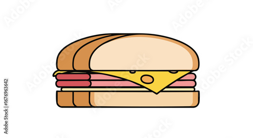 Illustrative sandwich featuring bread, deli meat, and cheese in a simple cartoon design style isolated for graphic usage and design projects