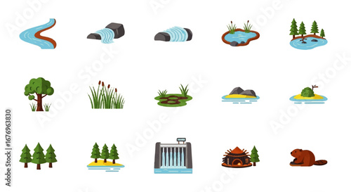 Colorful flat design nature icons collection featuring rivers, trees, ponds, islands, and a beaver
